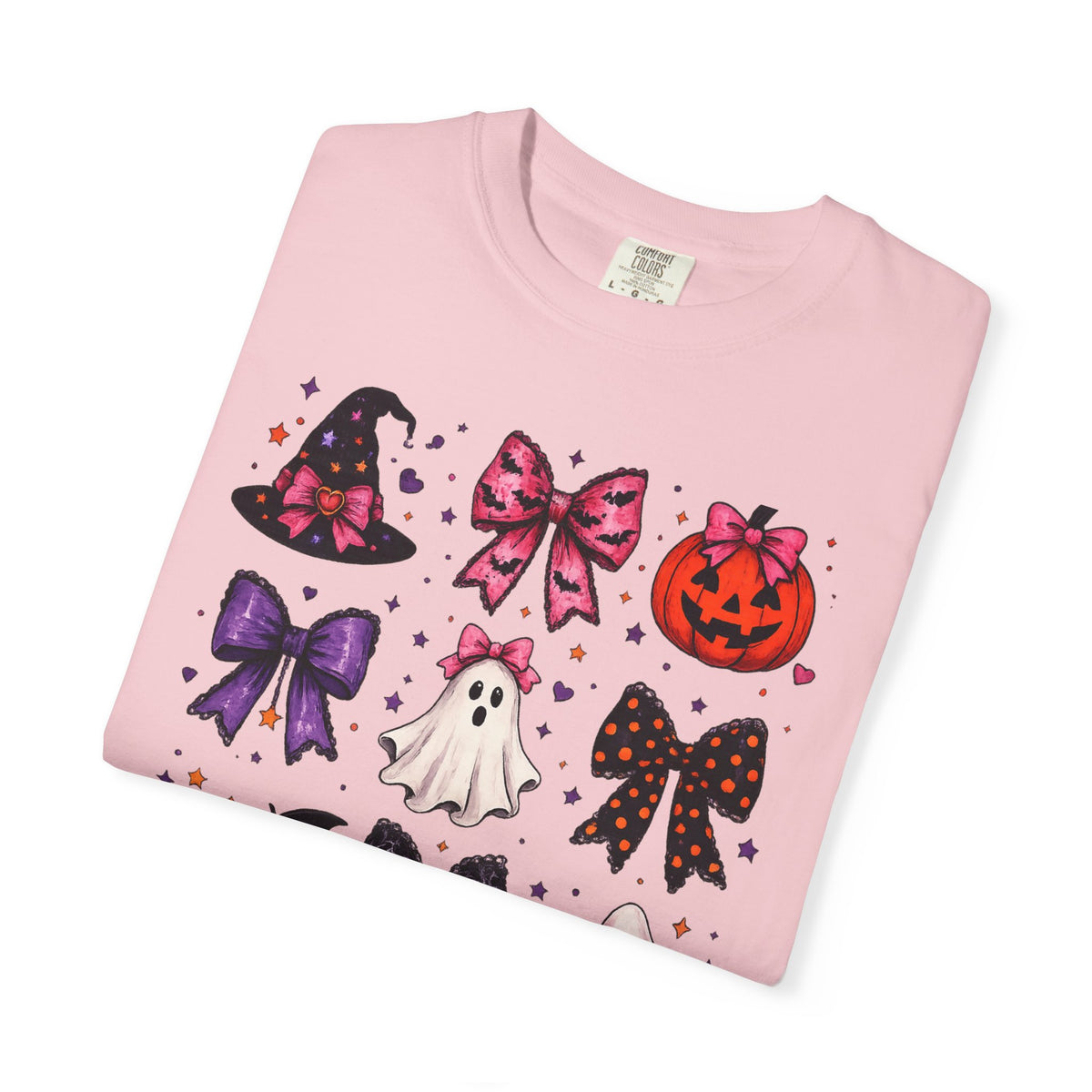 Halloween Bow Icons T-Shirt — Cute Spooky Ghost, Pumpkin & Bat Graphic Tee