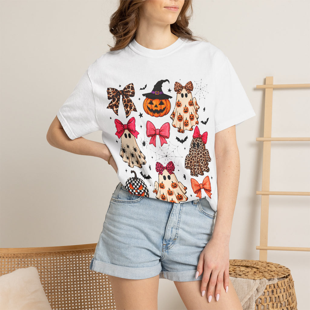 Halloween Ghost & Bows T-Shirt — Leopard Print Pumpkins & Cute Ghosts