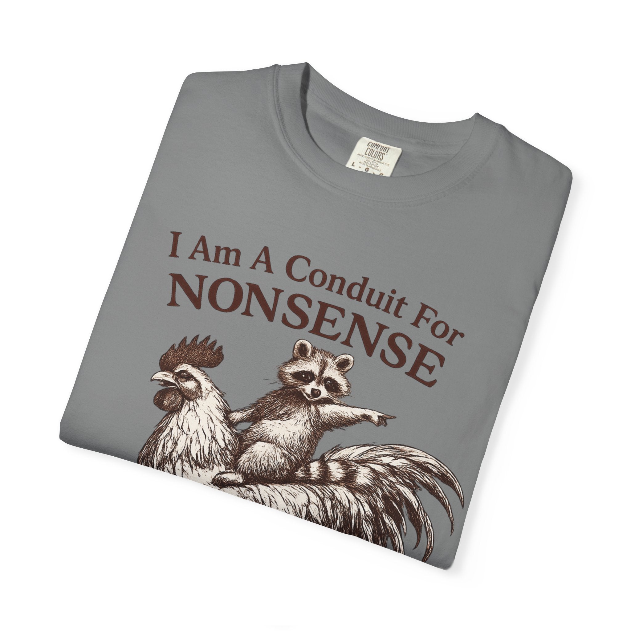 I Am a Conduit for Nonsense T-Shirt — Raccoon Riding Rooster Vintage Graphic Tee