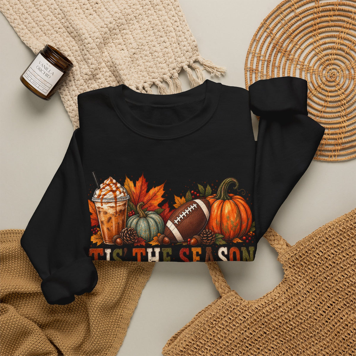 Tis The Season Fall Sweatshirt — Pumpkin, Leaves & Football Crewneck