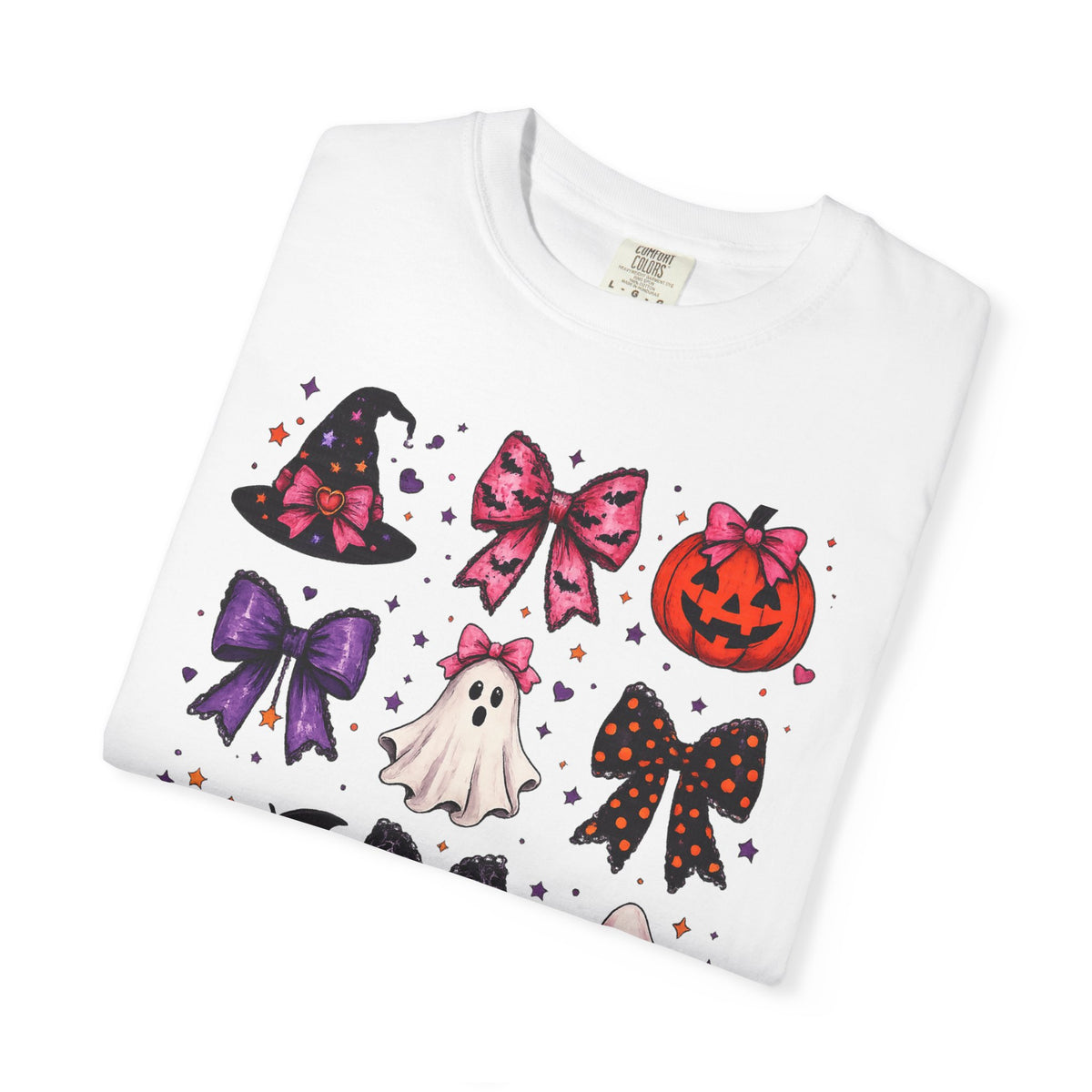 Halloween Bow Icons T-Shirt — Cute Spooky Ghost, Pumpkin & Bat Graphic Tee