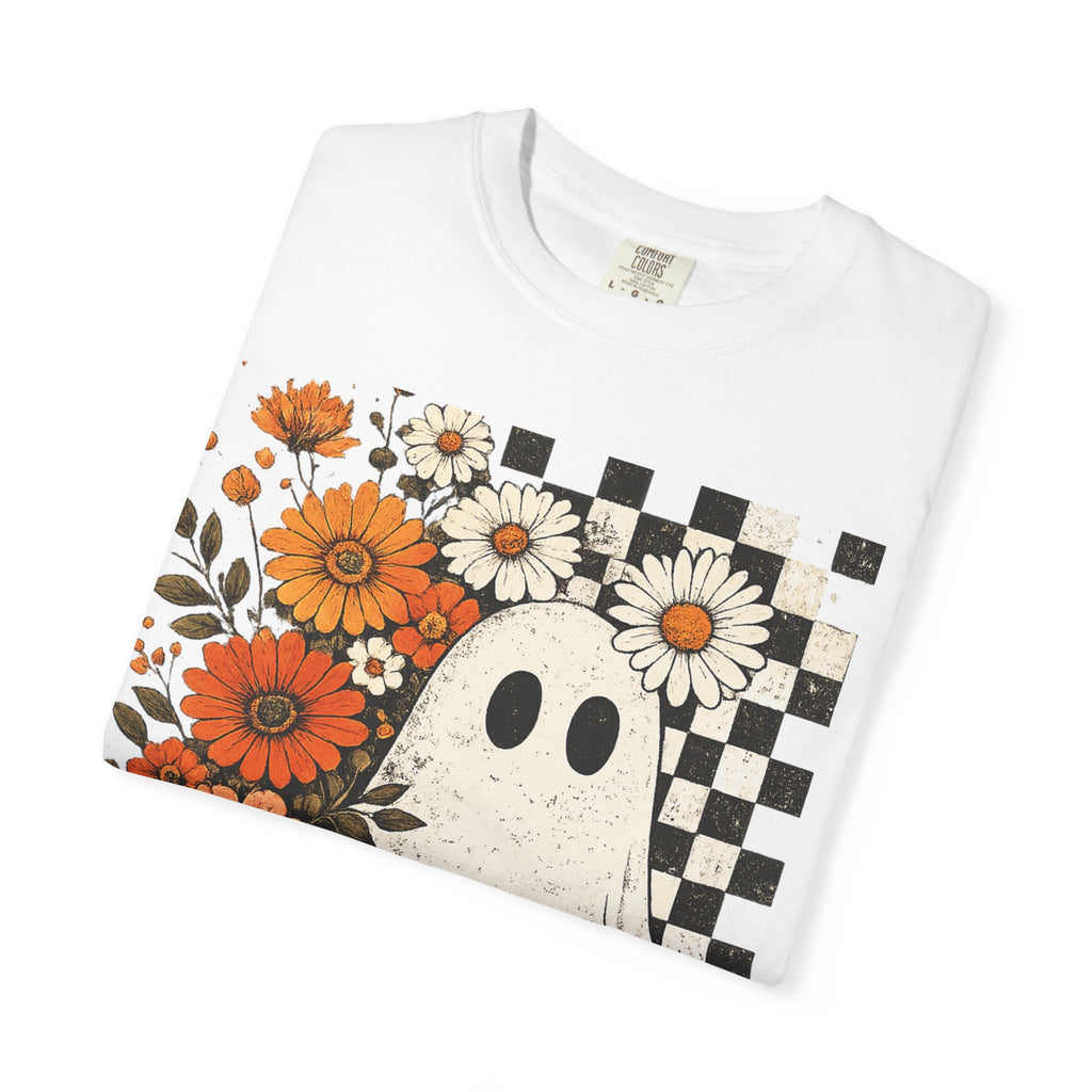 Ghost & Flowers Graphic Tee — Checkerboard Floral Halloween T-Shirt