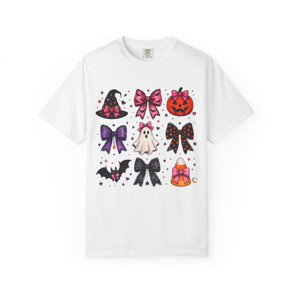 Halloween Bow Icons T-Shirt — Cute Spooky Ghost, Pumpkin & Bat Graphic Tee