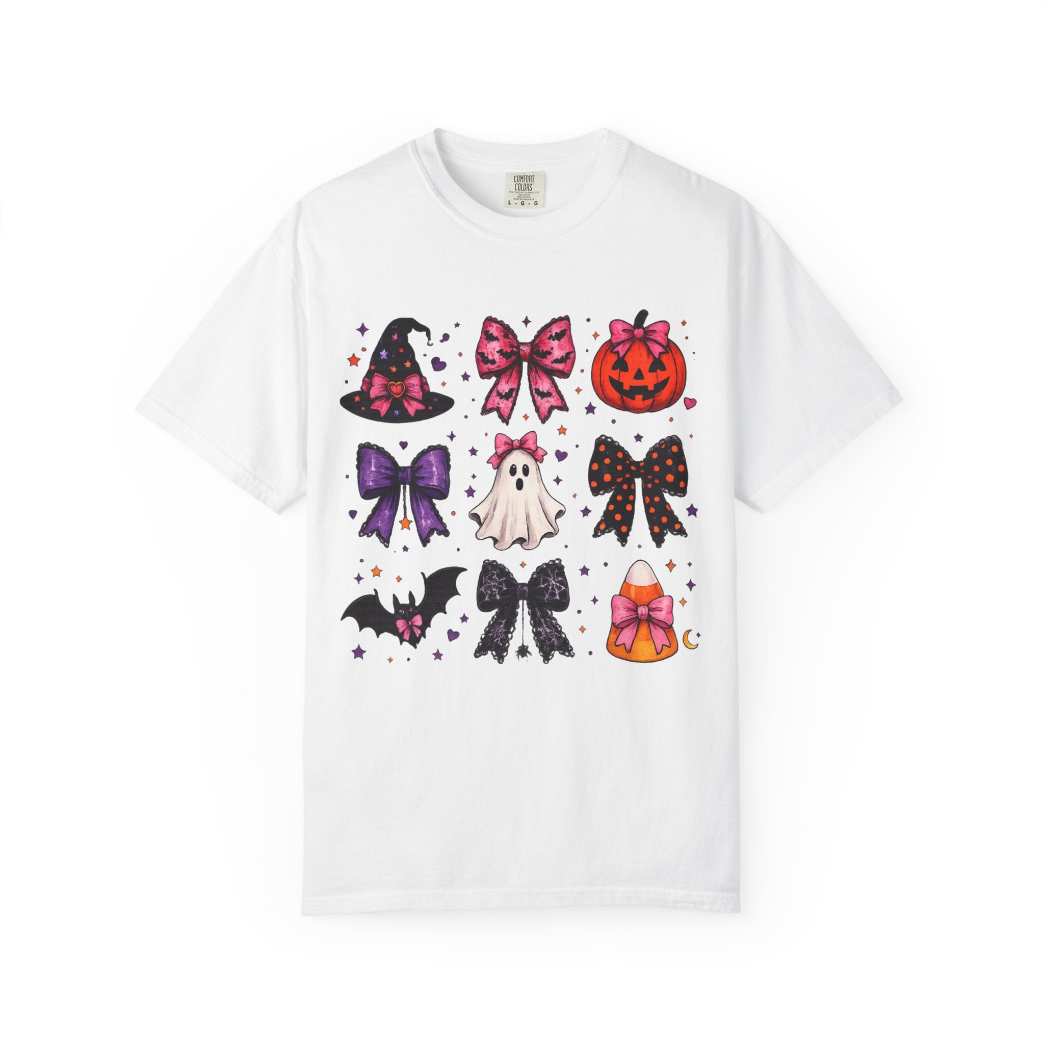 Halloween Bow Icons T-Shirt — Cute Spooky Ghost, Pumpkin & Bat Graphic Tee