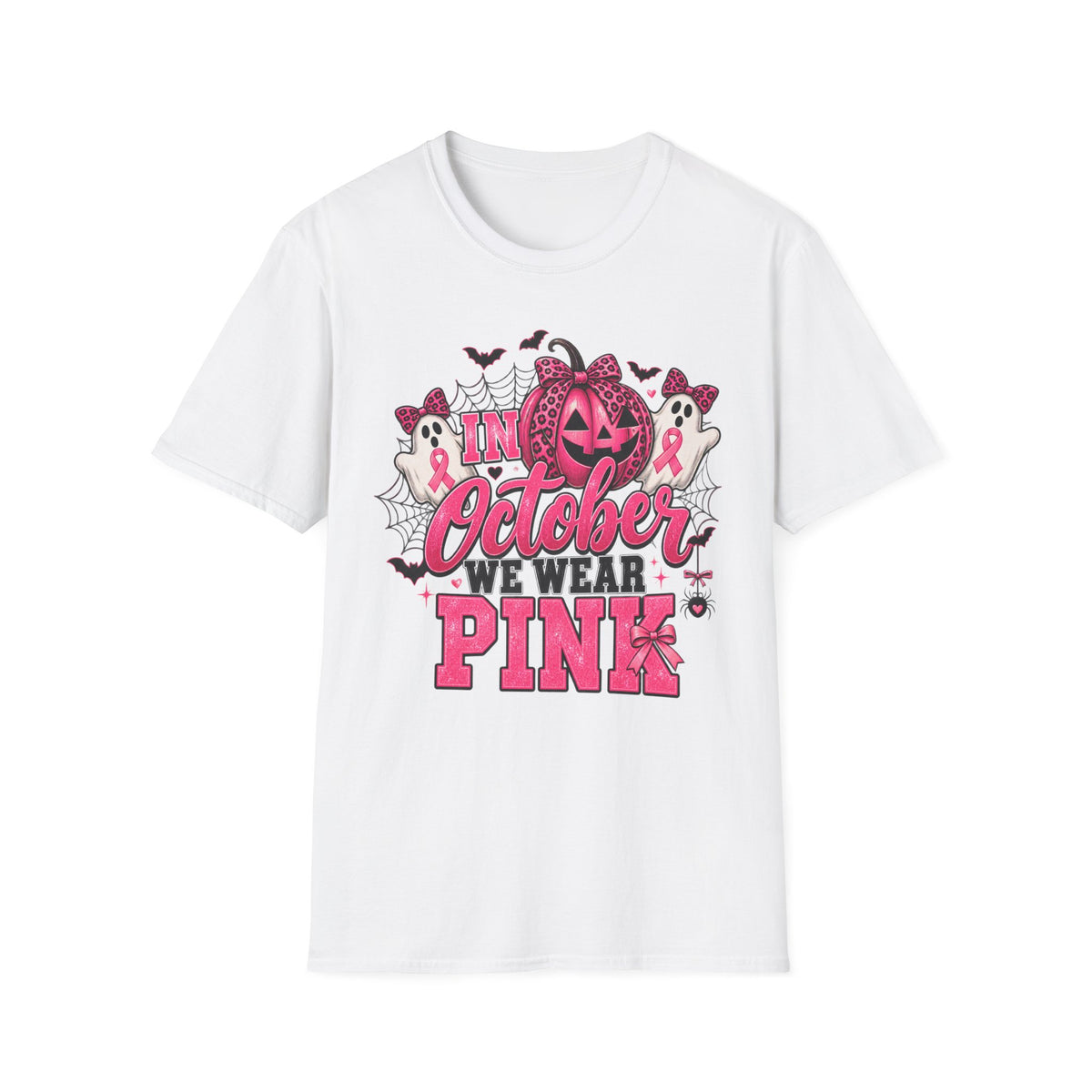 Breast Cancer Awareness Halloween T-Shirt — "In October We Wear Pink" Pumpkin & Ghost Design