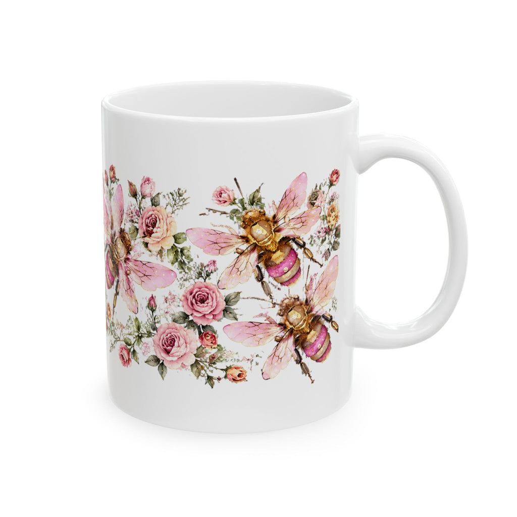 Floral Bee Ceramic Mug — Pink Watercolor Bees & Roses, 11oz/15oz