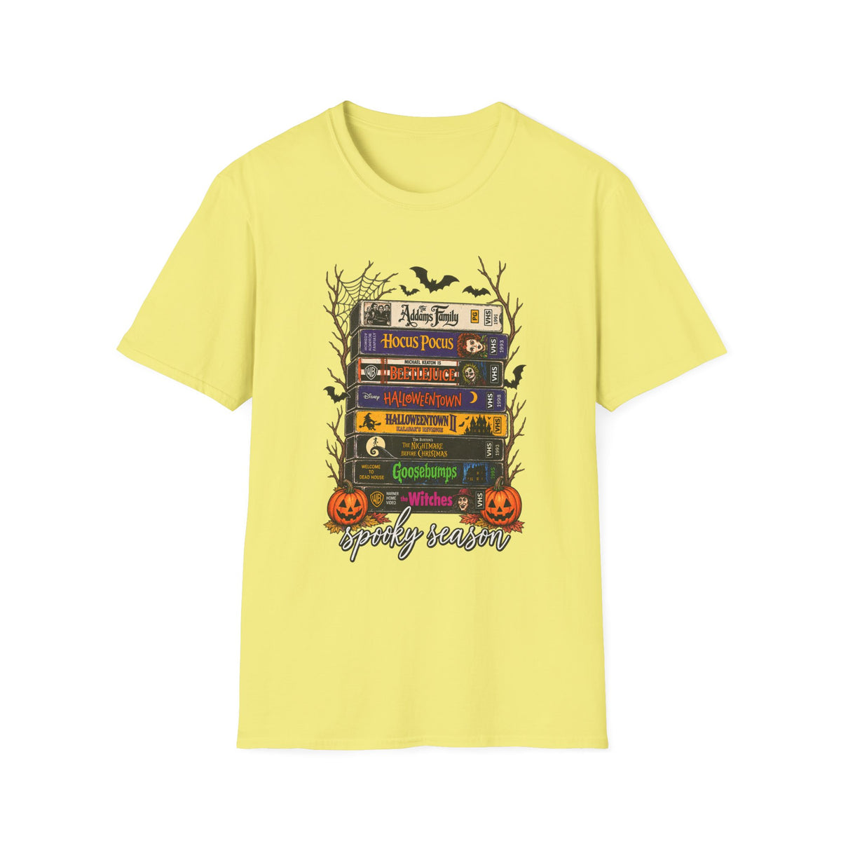 Halloween Movie Book Stack  Soft style T-Shirt — Hocus Pocus, Beetlejuice & Halloween Town Graphic Gildan Tee