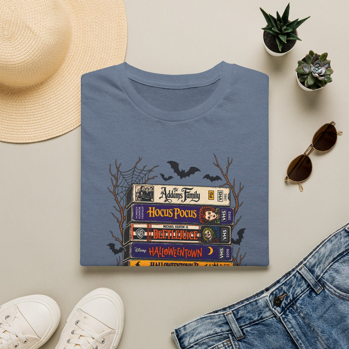 Halloween Movie Book Stack  Soft style T-Shirt — Hocus Pocus, Beetlejuice & Halloween Town Graphic Gildan Tee