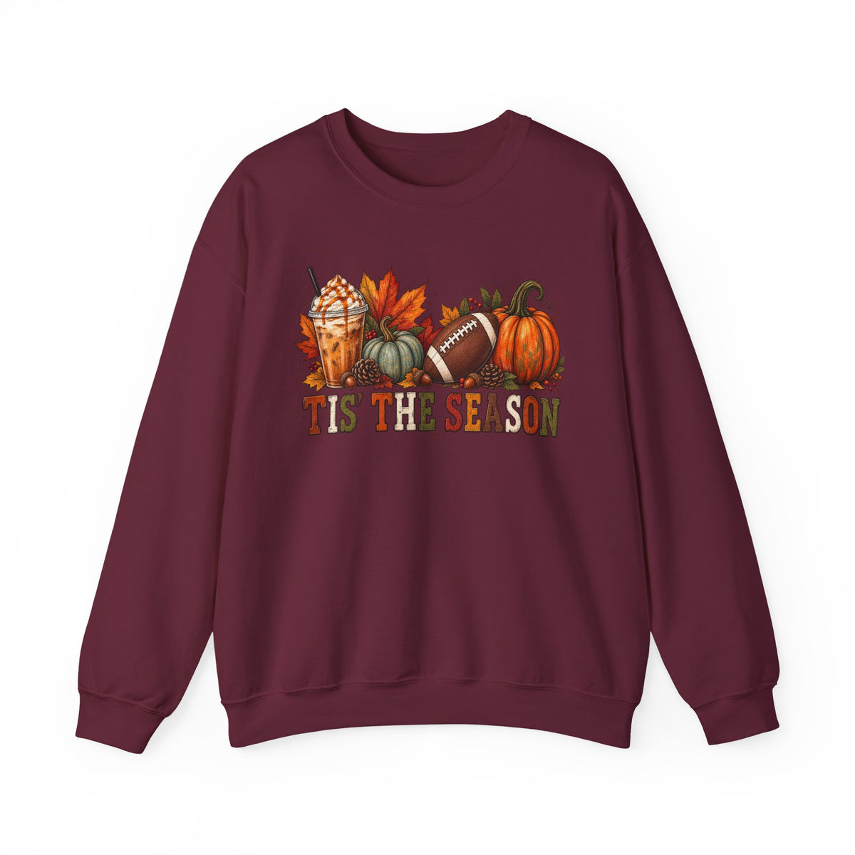 Tis The Season Fall Sweatshirt — Pumpkin, Leaves & Football Crewneck