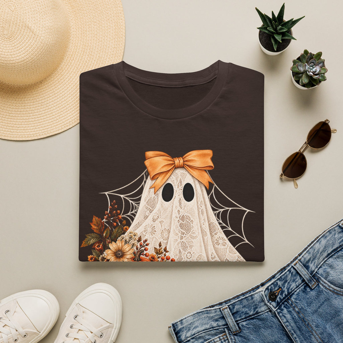 Lace Ghost Tee — Cute Halloween Ghost with Orange Bow & Autumn Florals