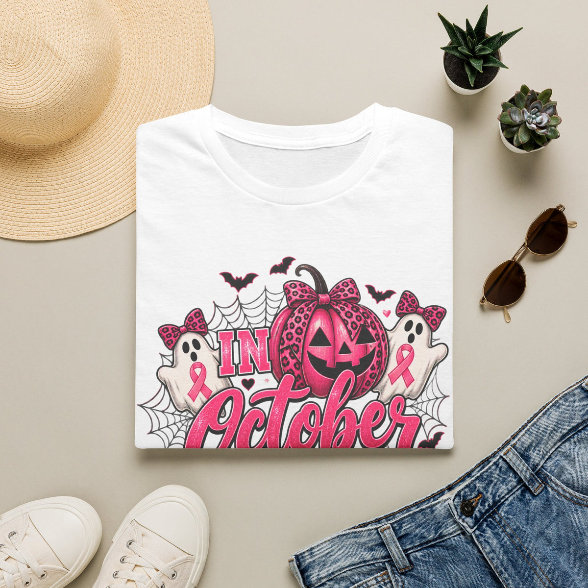 Breast Cancer Awareness Halloween T-Shirt — "In October We Wear Pink" Pumpkin & Ghost Design