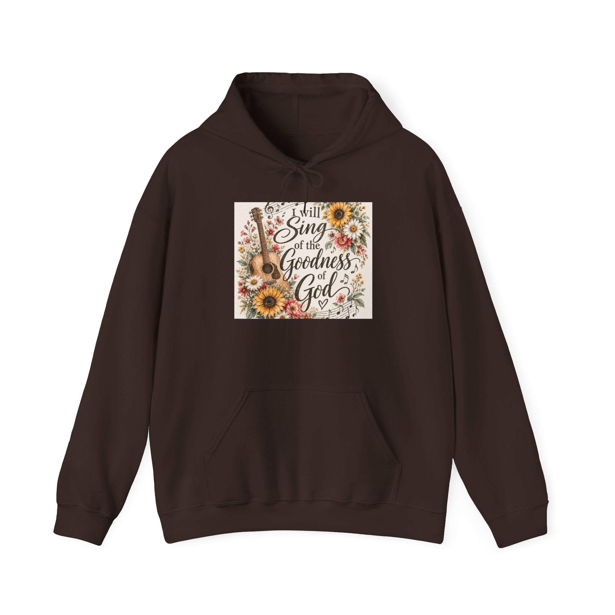 Christian Hoodie — "I Will Sing of the Goodness of God" Floral Guitar Design