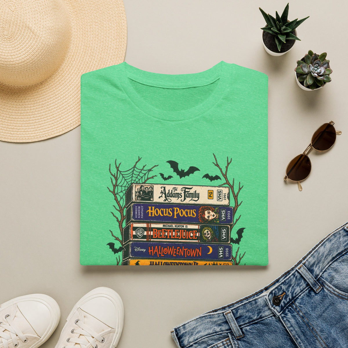 Halloween Movie Book Stack  Soft style T-Shirt — Hocus Pocus, Beetlejuice & Halloween Town Graphic Gildan Tee
