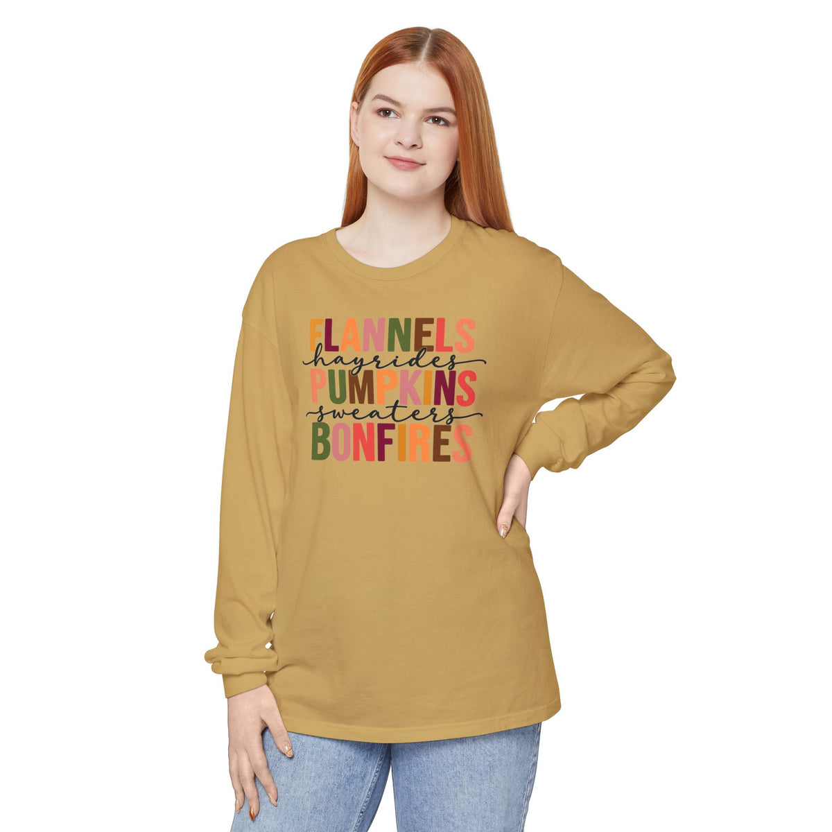 Fall Vibes Long Sleeve Tee — “Flannels Hayrides Pumpkins Sweaters Bonfires”