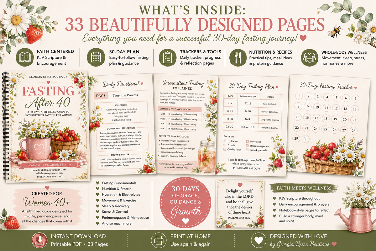 Fasting After 40 Workbook | 30-Day Intermittent Fasting Guide for Women 40+ | Faith-Based Fasting Planner & Tracker | Printable PDF