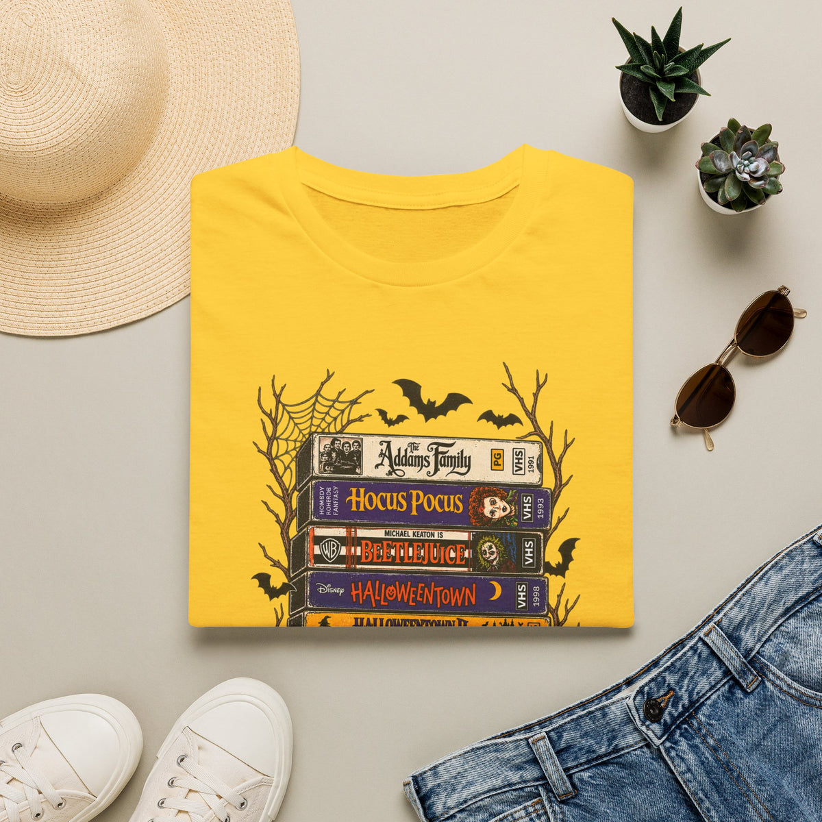 Halloween Movie Book Stack  Soft style T-Shirt — Hocus Pocus, Beetlejuice & Halloween Town Graphic Gildan Tee