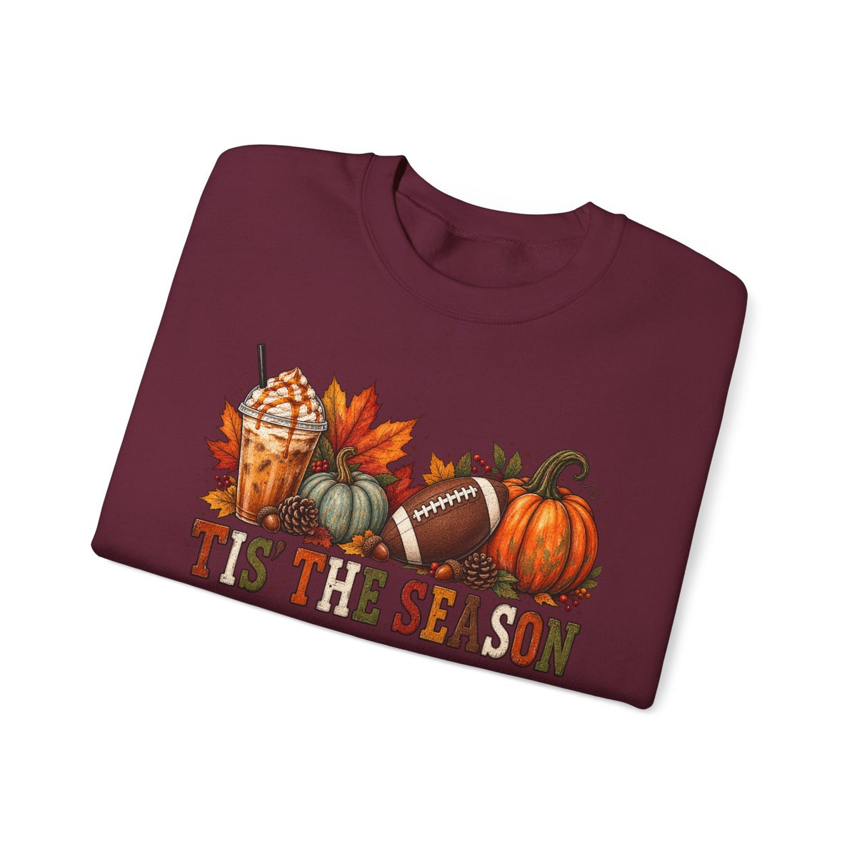 Tis The Season Fall Sweatshirt — Pumpkin, Leaves & Football Crewneck