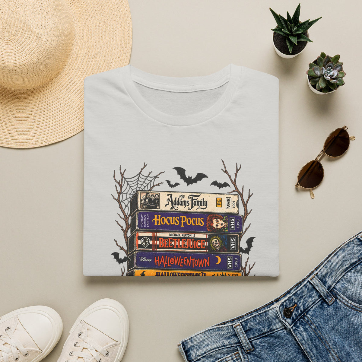 Halloween Movie Book Stack  Soft style T-Shirt — Hocus Pocus, Beetlejuice & Halloween Town Graphic Gildan Tee