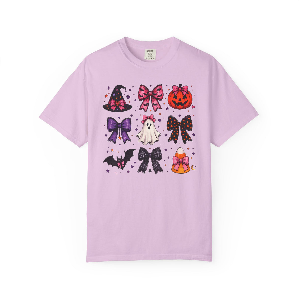 Halloween Bow Icons T-Shirt — Cute Spooky Ghost, Pumpkin & Bat Graphic Tee