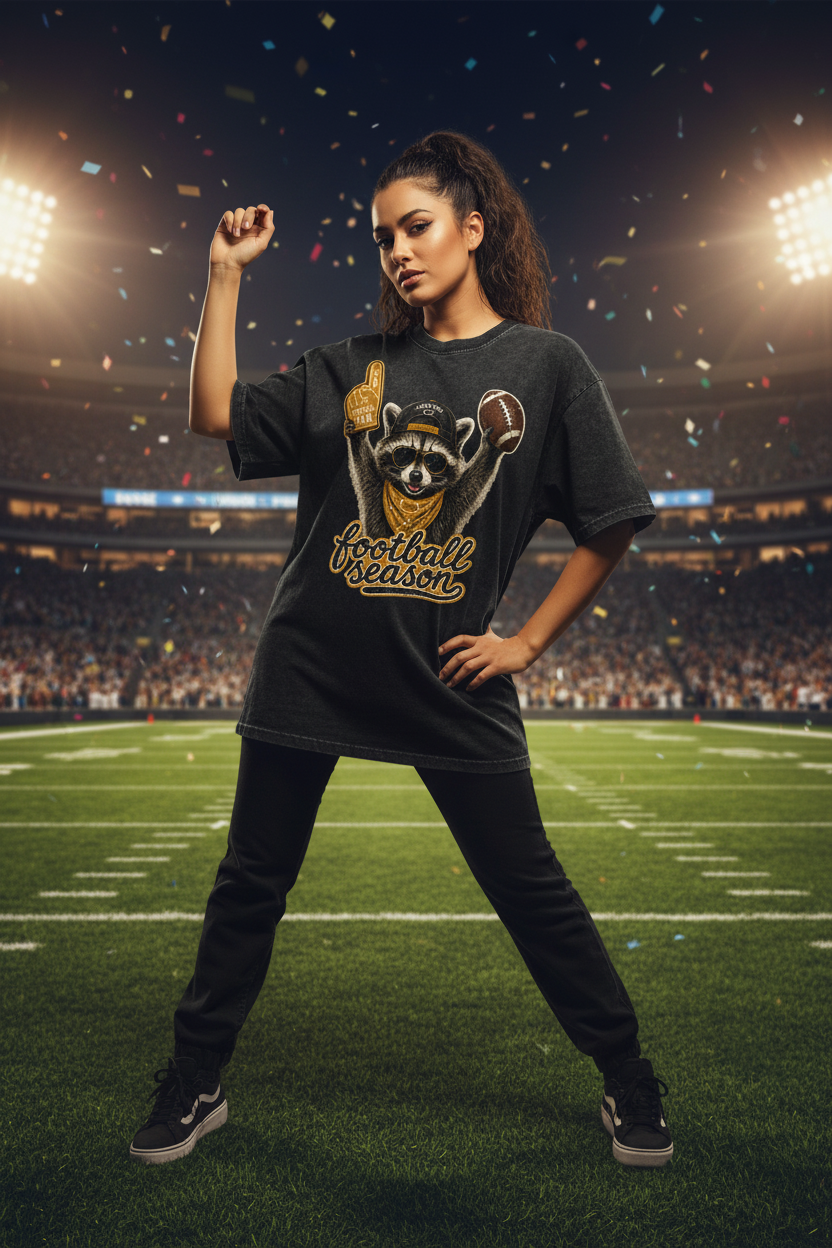 A black acid-wash graphic t-shirt featuring a raccoon mascot holding a football and foam finger with the text 'football season' in gold script.