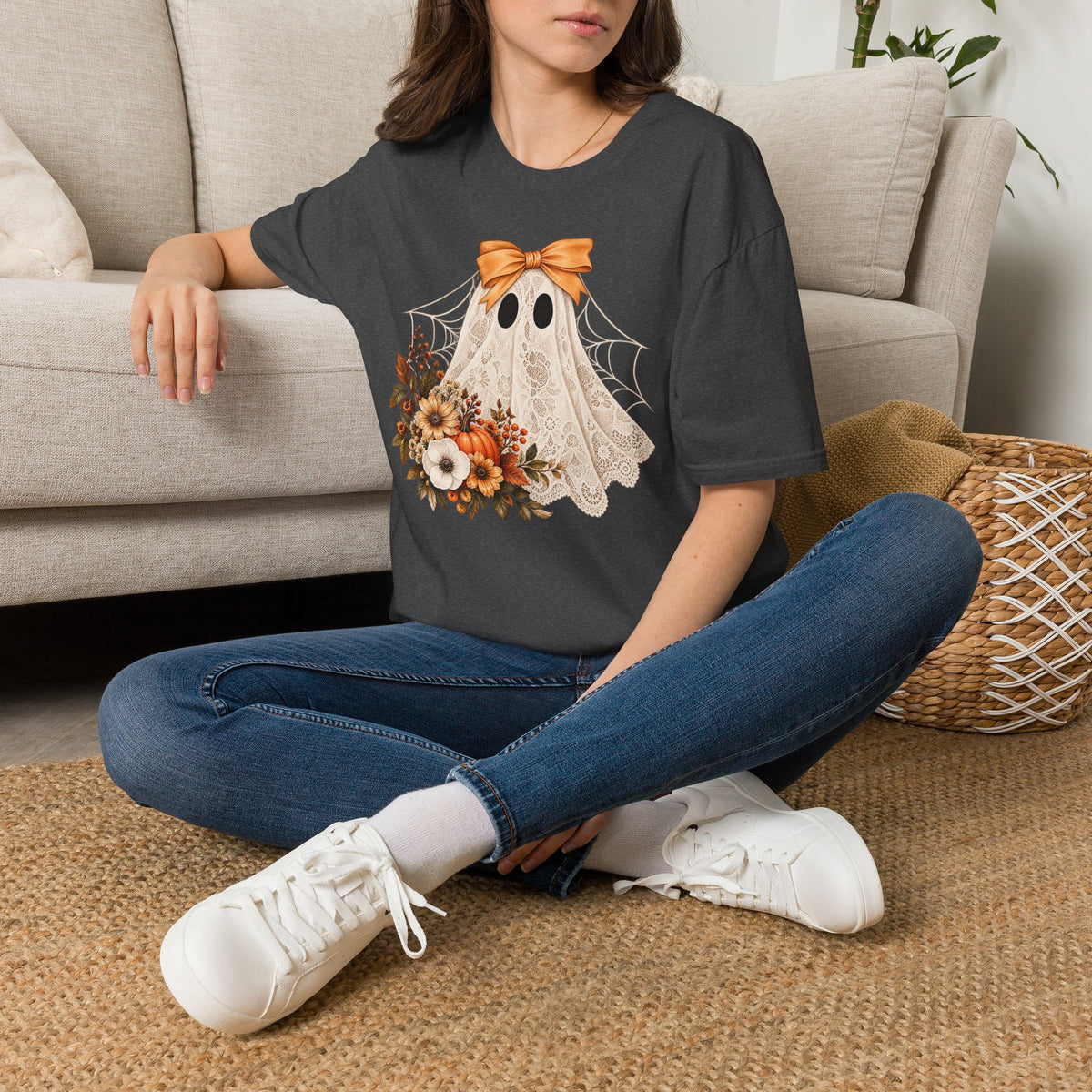 Lace Ghost Tee — Cute Halloween Ghost with Orange Bow & Autumn Florals