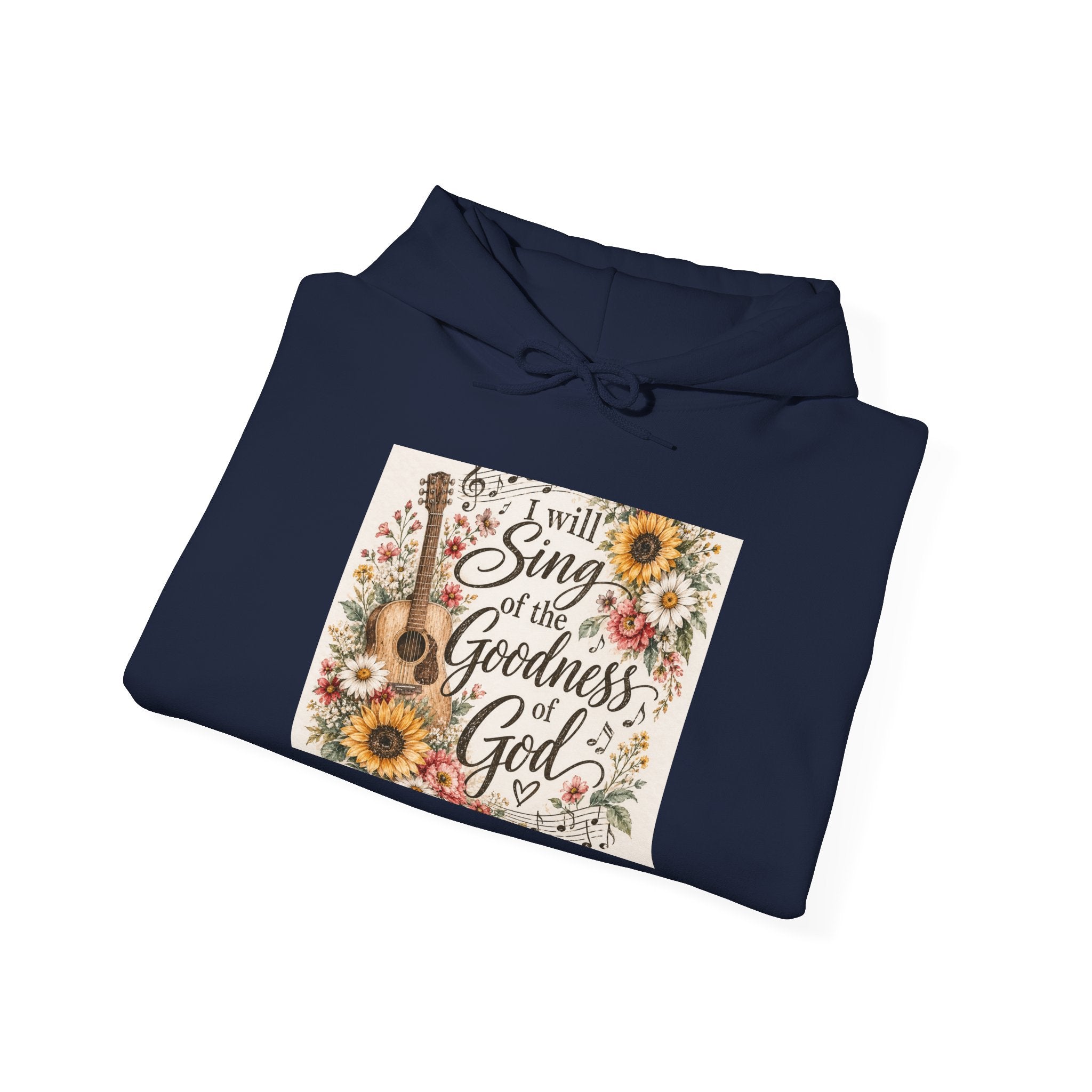 Christian Hoodie — "I Will Sing of the Goodness of God" Floral Guitar Design