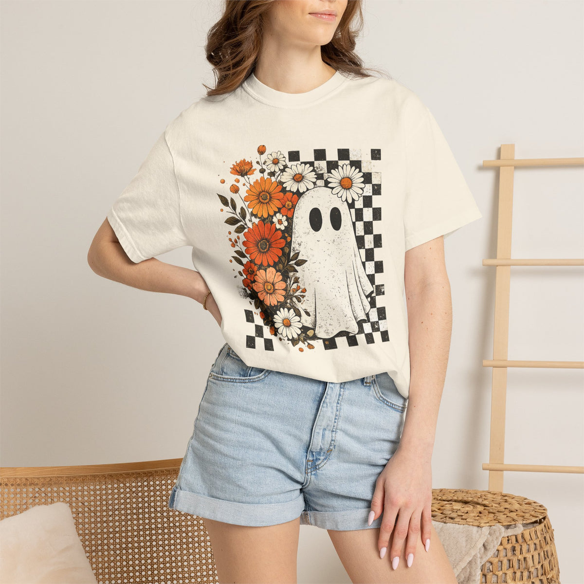 Ghost & Flowers Graphic Tee — Checkerboard Floral Halloween T-Shirt