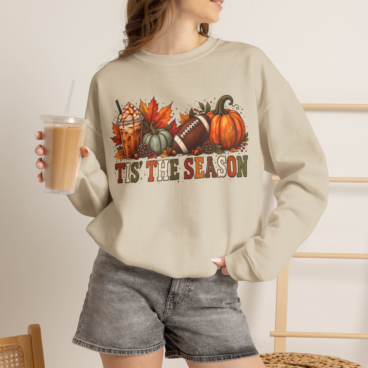 Tis The Season Fall Sweatshirt — Pumpkin, Leaves & Football Crewneck