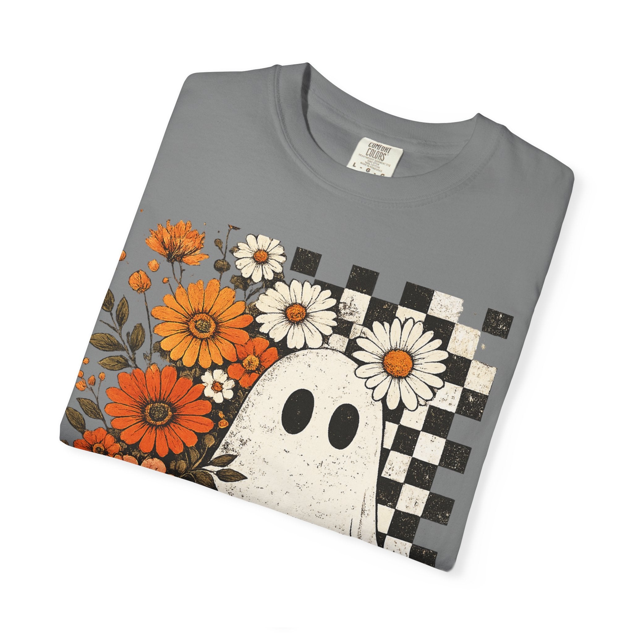 Ghost & Flowers Graphic Tee — Checkerboard Floral Halloween T-Shirt