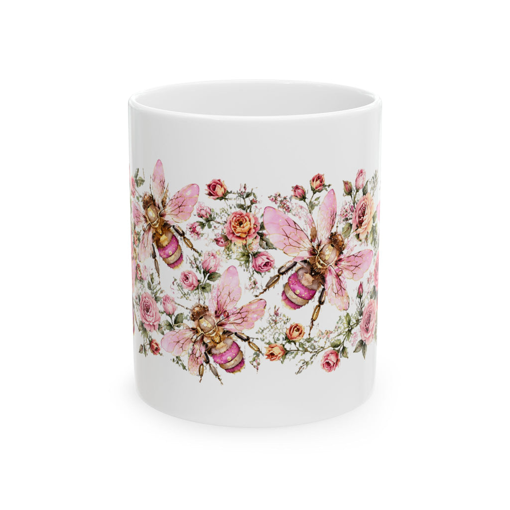 Floral Bee Ceramic Mug — Pink Watercolor Bees & Roses, 11oz/15oz