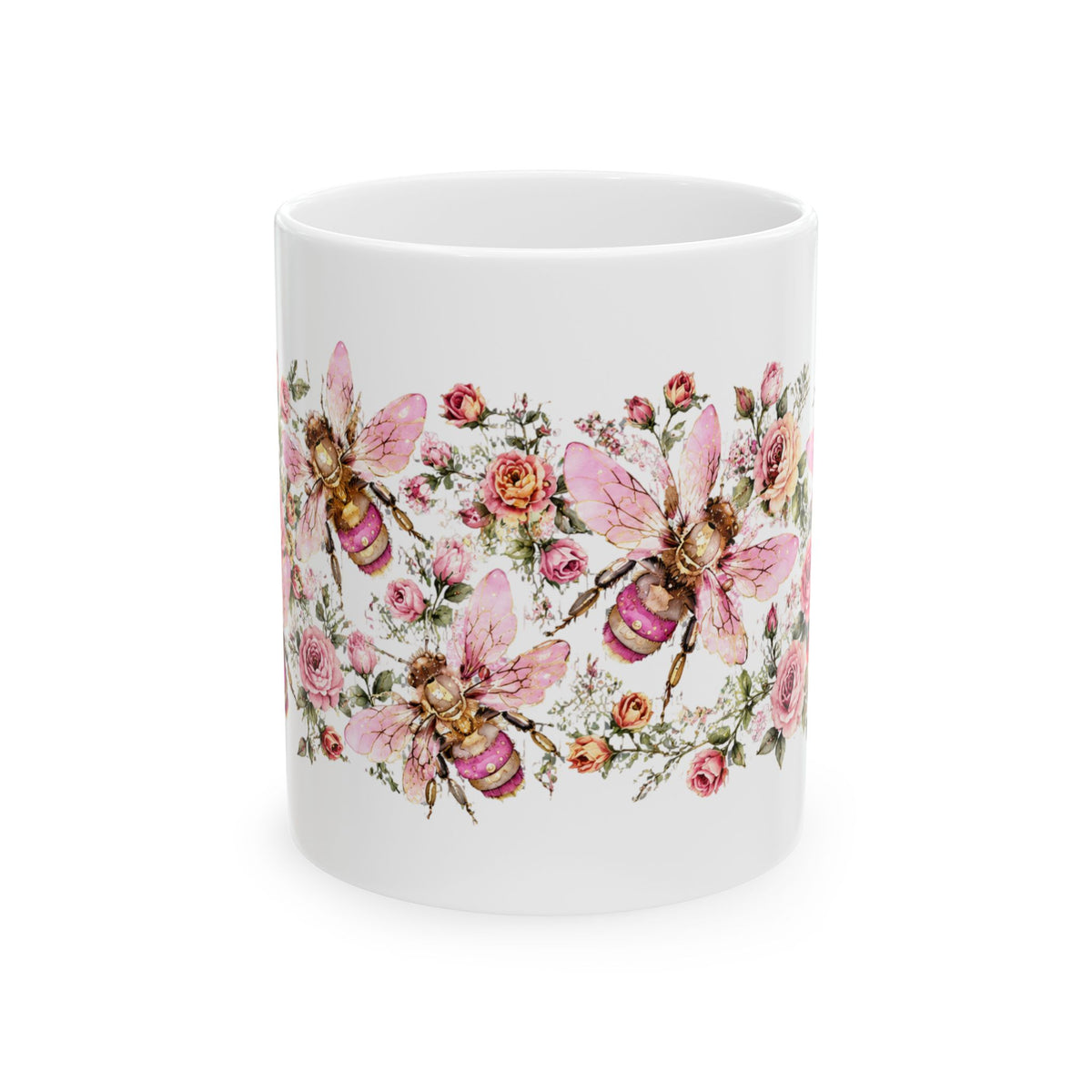 Floral Bee Ceramic Mug — Pink Watercolor Bees & Roses, 11oz/15oz