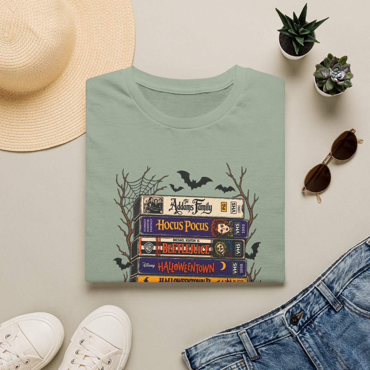 Halloween Movie Book Stack  Soft style T-Shirt — Hocus Pocus, Beetlejuice & Halloween Town Graphic Gildan Tee