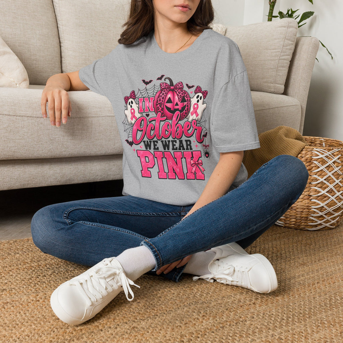 Breast Cancer Awareness Halloween T-Shirt — "In October We Wear Pink" Pumpkin & Ghost Design
