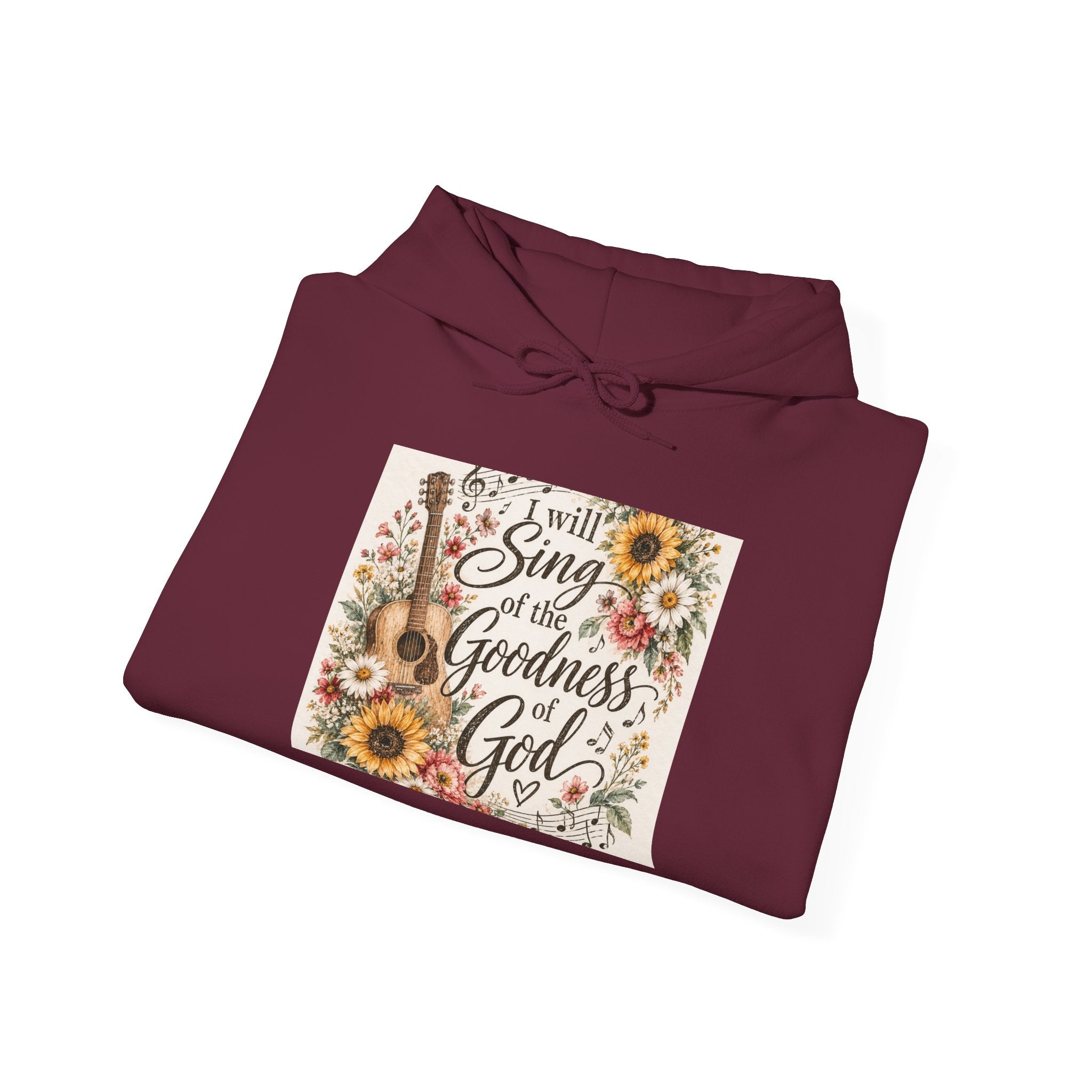 Christian Hoodie — "I Will Sing of the Goodness of God" Floral Guitar Design