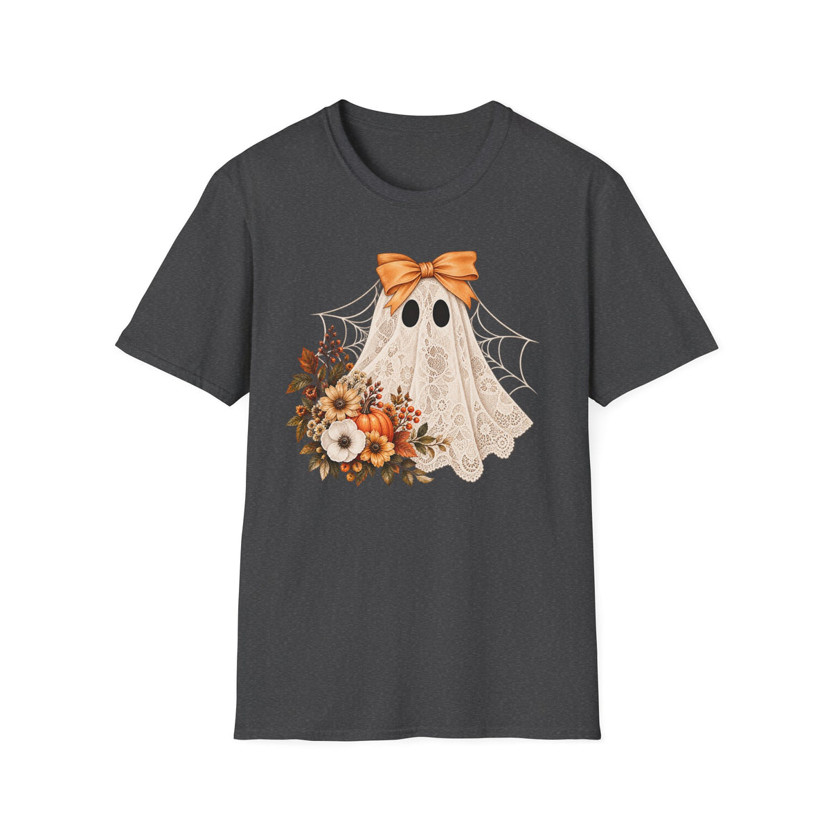 Lace Ghost Tee — Cute Halloween Ghost with Orange Bow & Autumn Florals