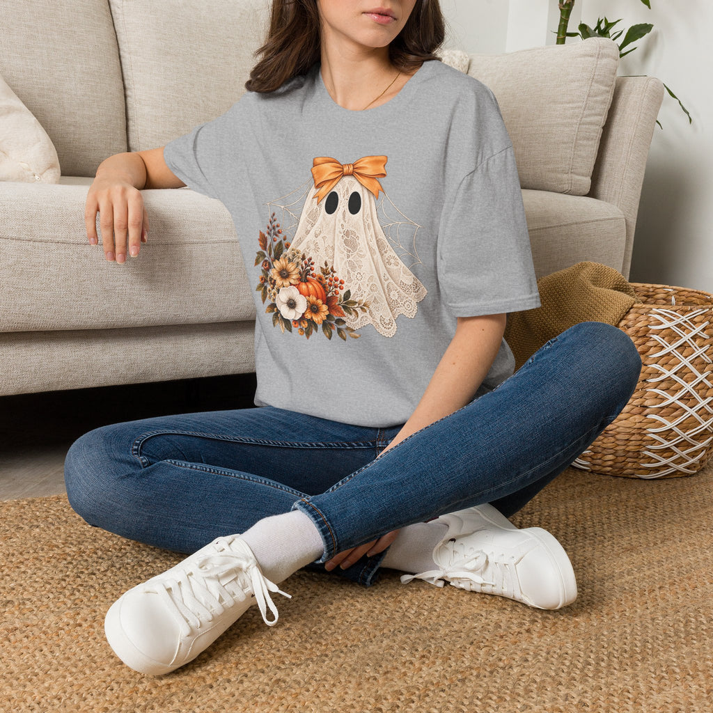 Lace Ghost Tee — Cute Halloween Ghost with Orange Bow & Autumn Florals