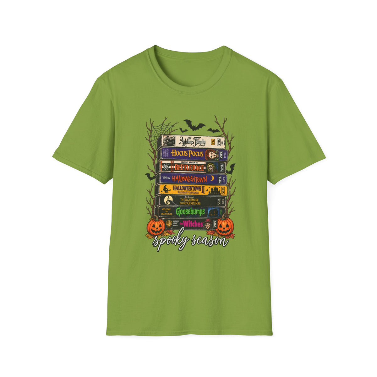 Halloween Movie Book Stack  Soft style T-Shirt — Hocus Pocus, Beetlejuice & Halloween Town Graphic Gildan Tee