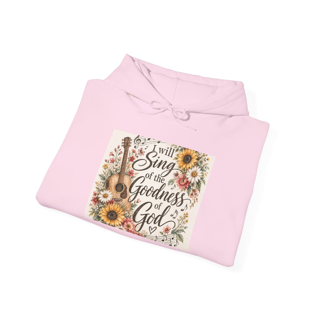 Christian Hoodie — "I Will Sing of the Goodness of God" Floral Guitar Design