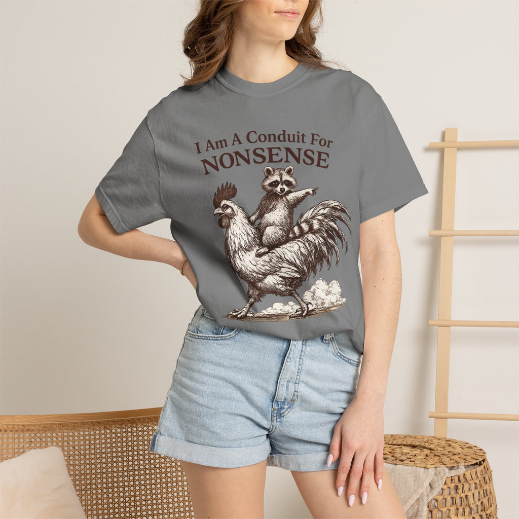 I Am a Conduit for Nonsense T-Shirt — Raccoon Riding Rooster Vintage Graphic Tee