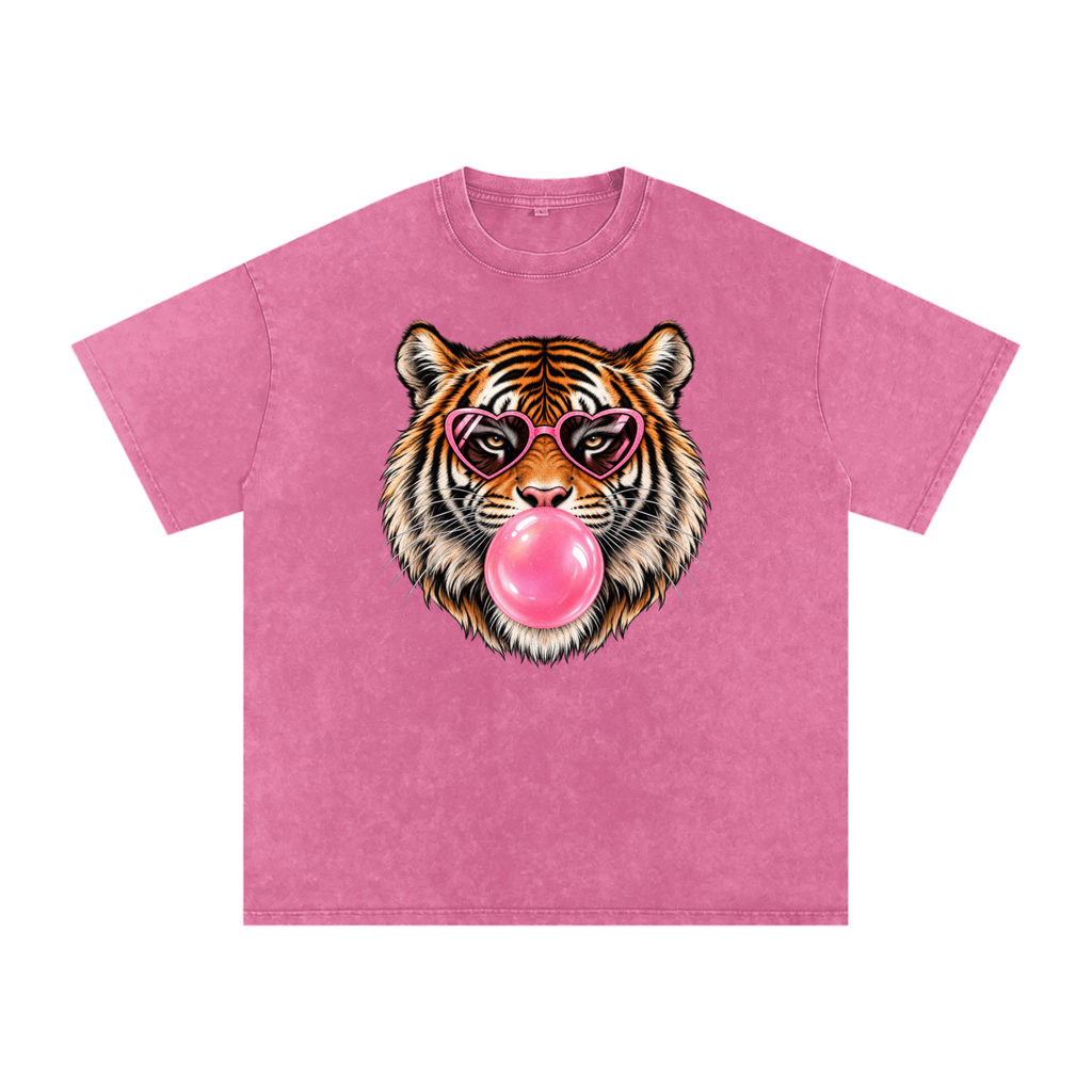 Tiger with bubblegum Snow Washed Oversized Cotton T-Shirt