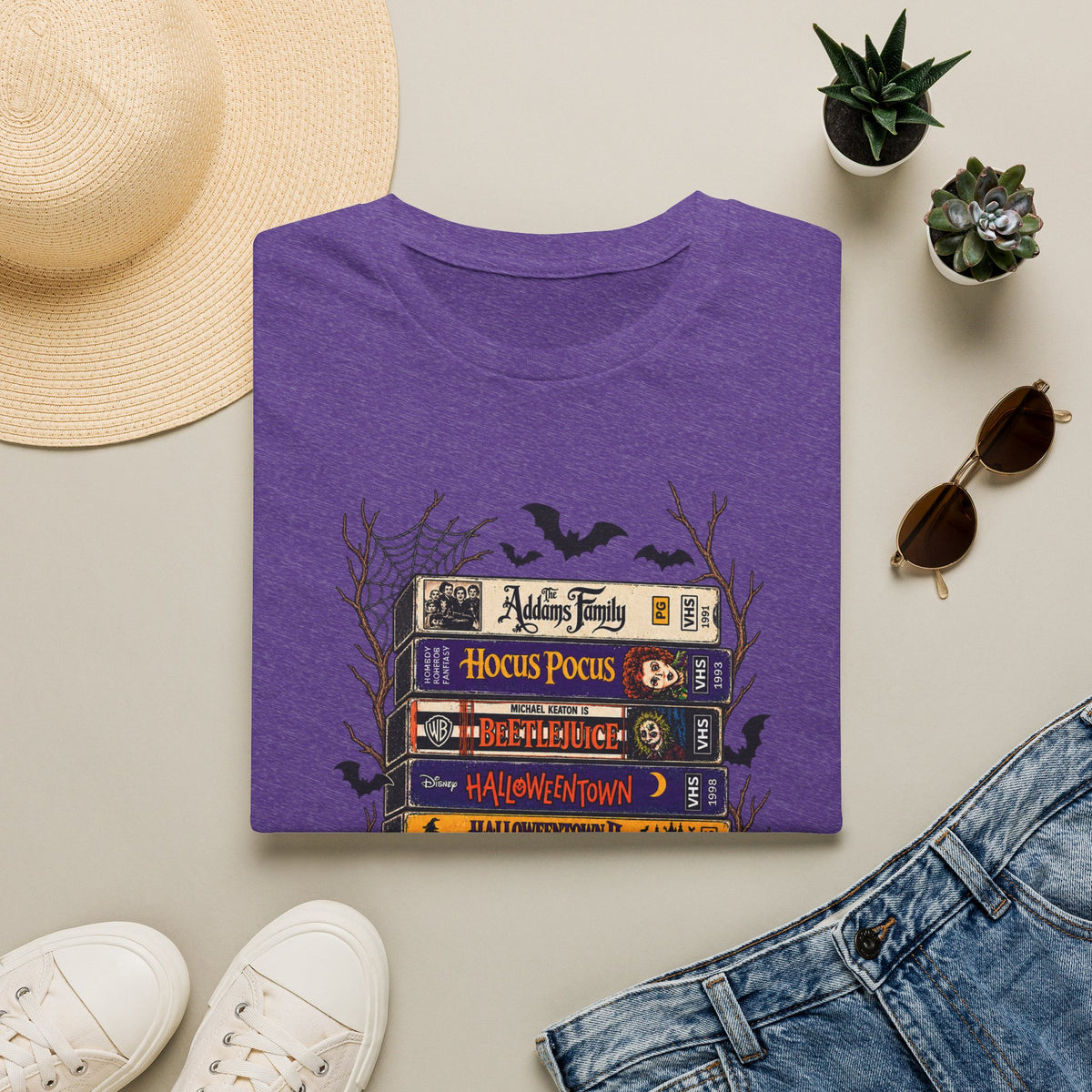 Halloween Movie Book Stack  Soft style T-Shirt — Hocus Pocus, Beetlejuice & Halloween Town Graphic Gildan Tee