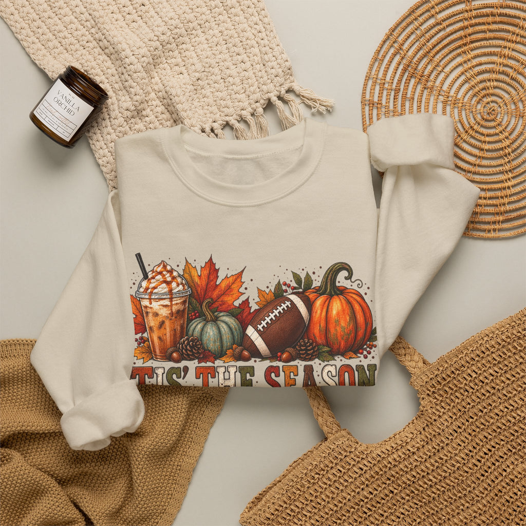 Tis The Season Fall Sweatshirt — Pumpkin, Leaves & Football Crewneck
