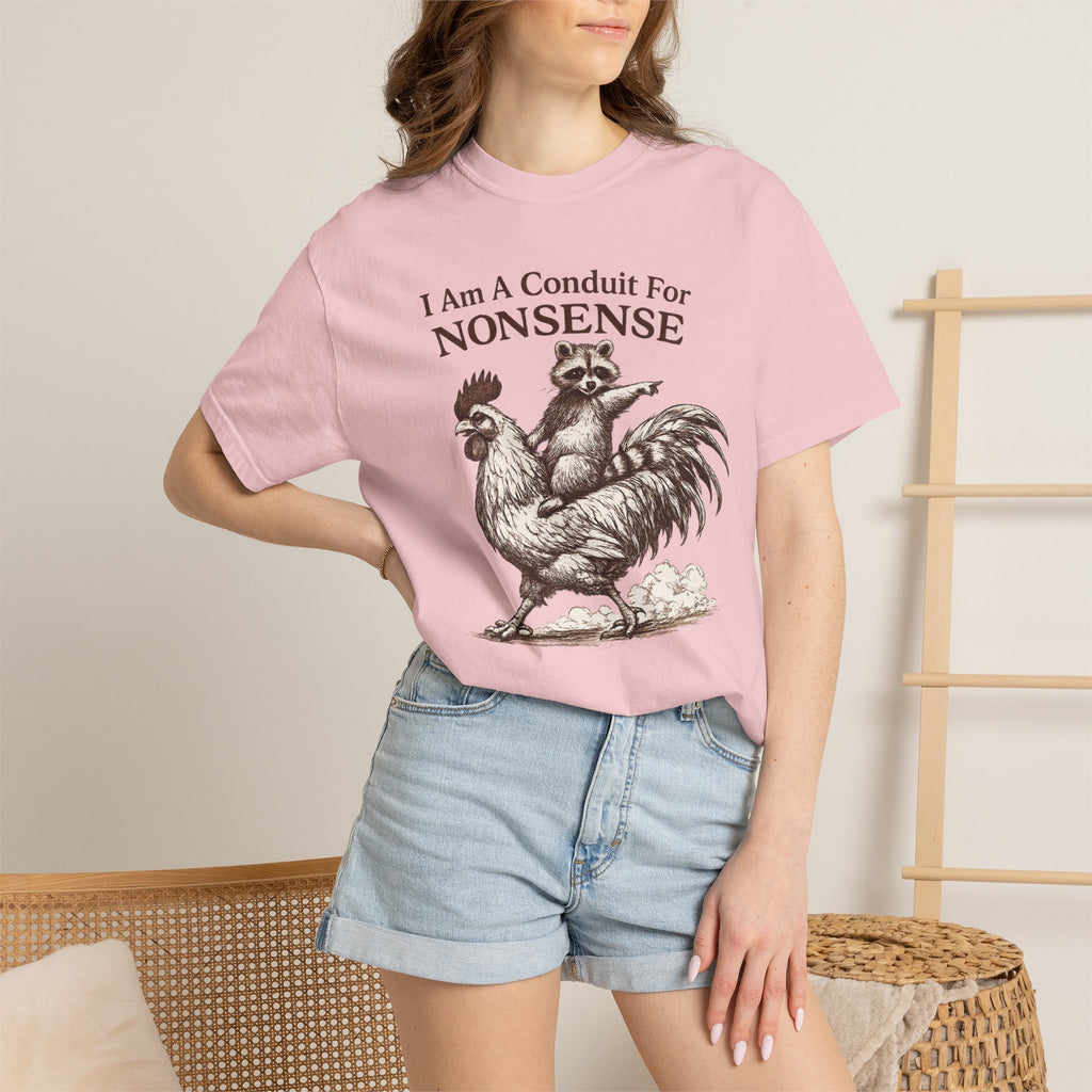 I Am a Conduit for Nonsense T-Shirt — Raccoon Riding Rooster Vintage Graphic Tee