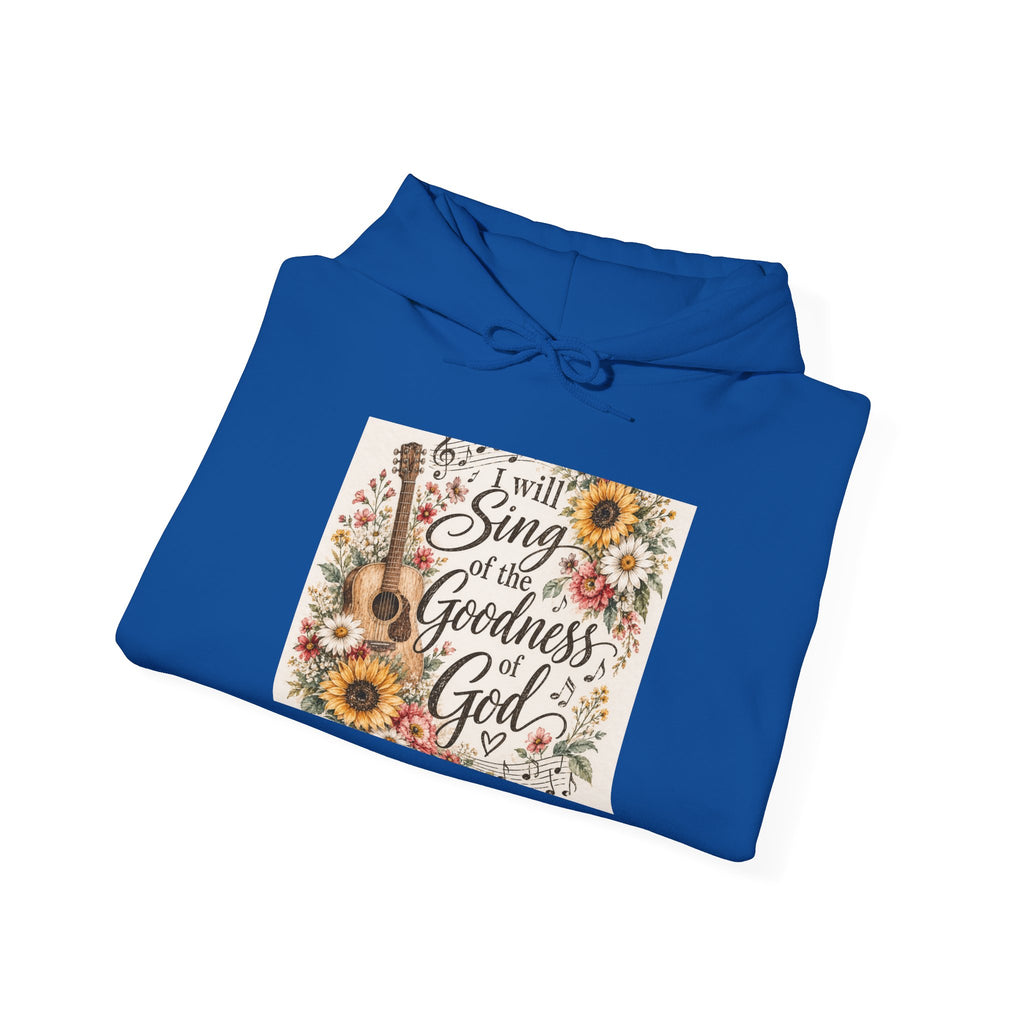 Christian Hoodie — "I Will Sing of the Goodness of God" Floral Guitar Design