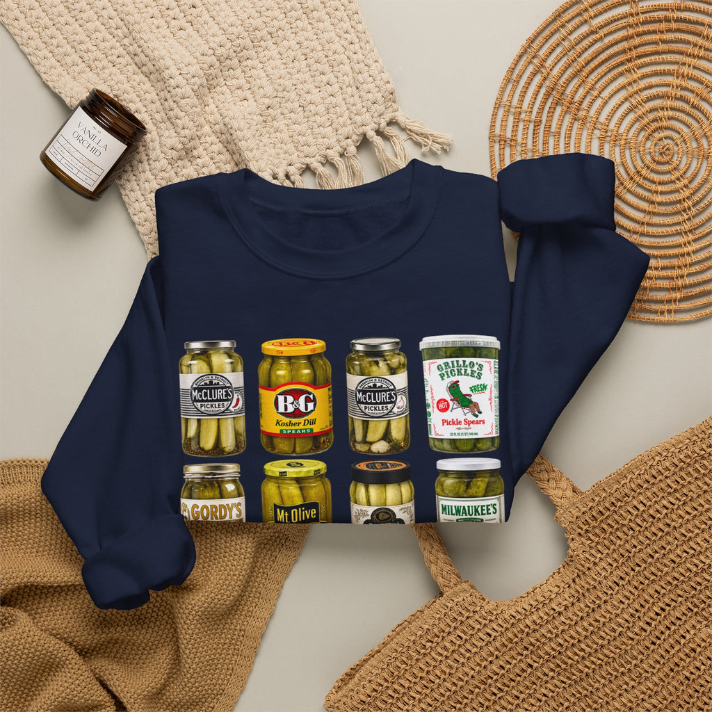 Pickle Jar Grid Sweatshirt — Vintage Grocery Label Graphic Crewneck