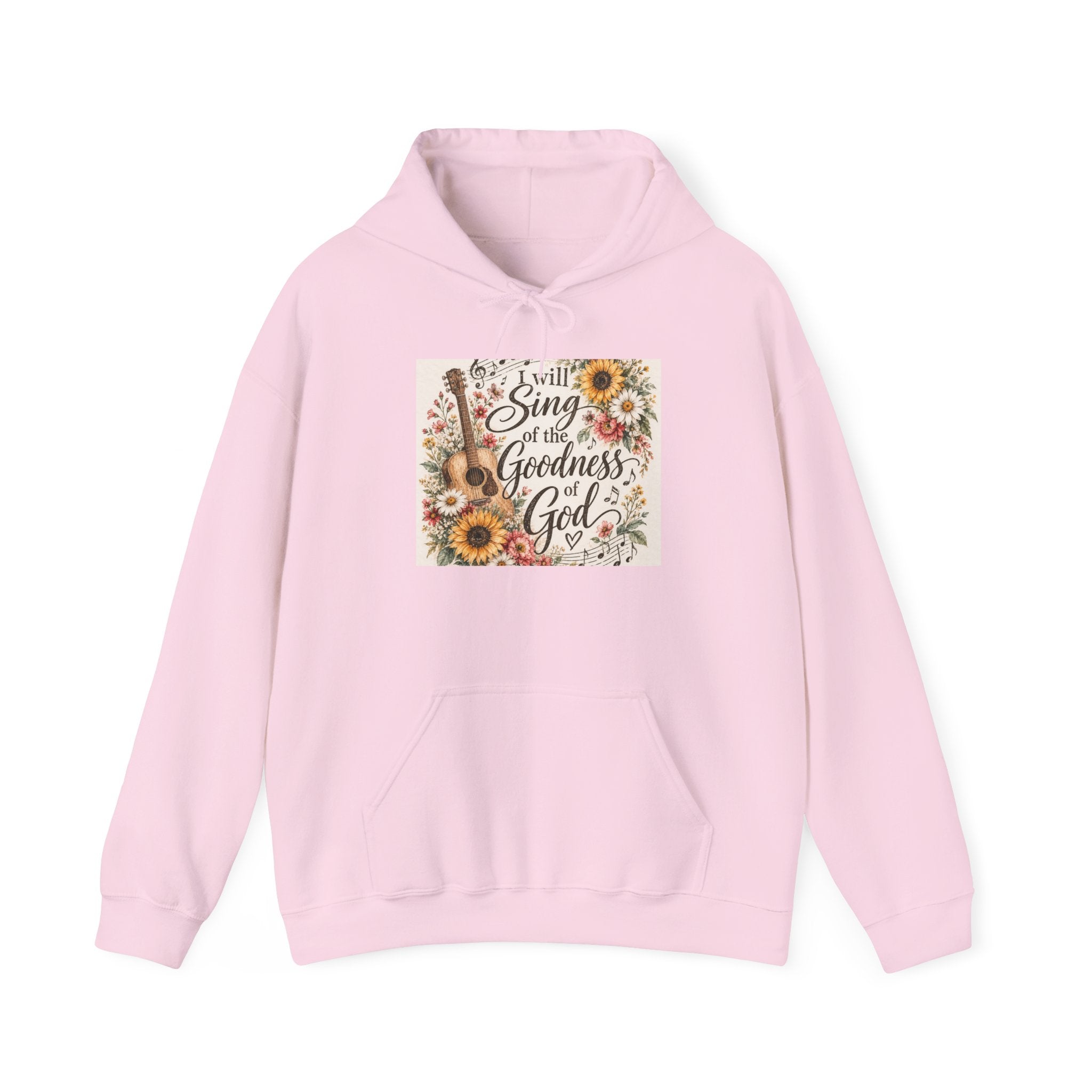Christian Hoodie — "I Will Sing of the Goodness of God" Floral Guitar Design
