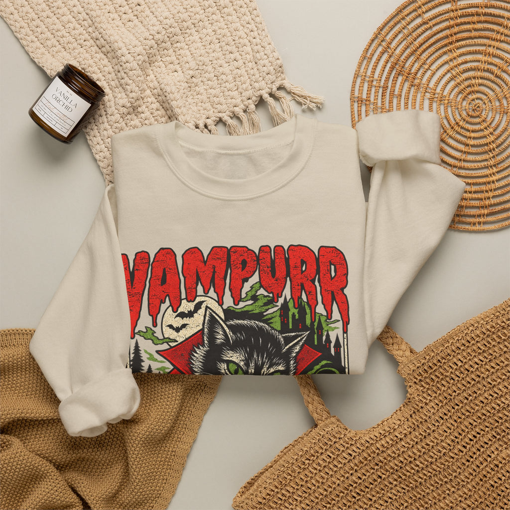 Vampurr Bites Again Sweatshirt — Retro Horror Cat Graphic Crewneck