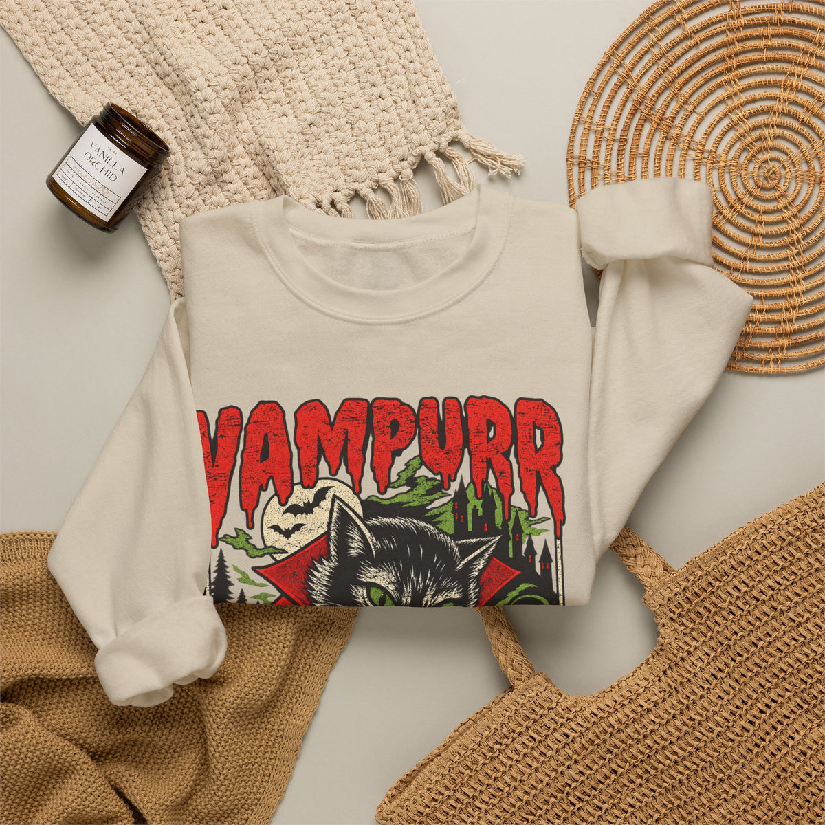 Vampurr Bites Again Sweatshirt — Retro Horror Cat Graphic Crewneck