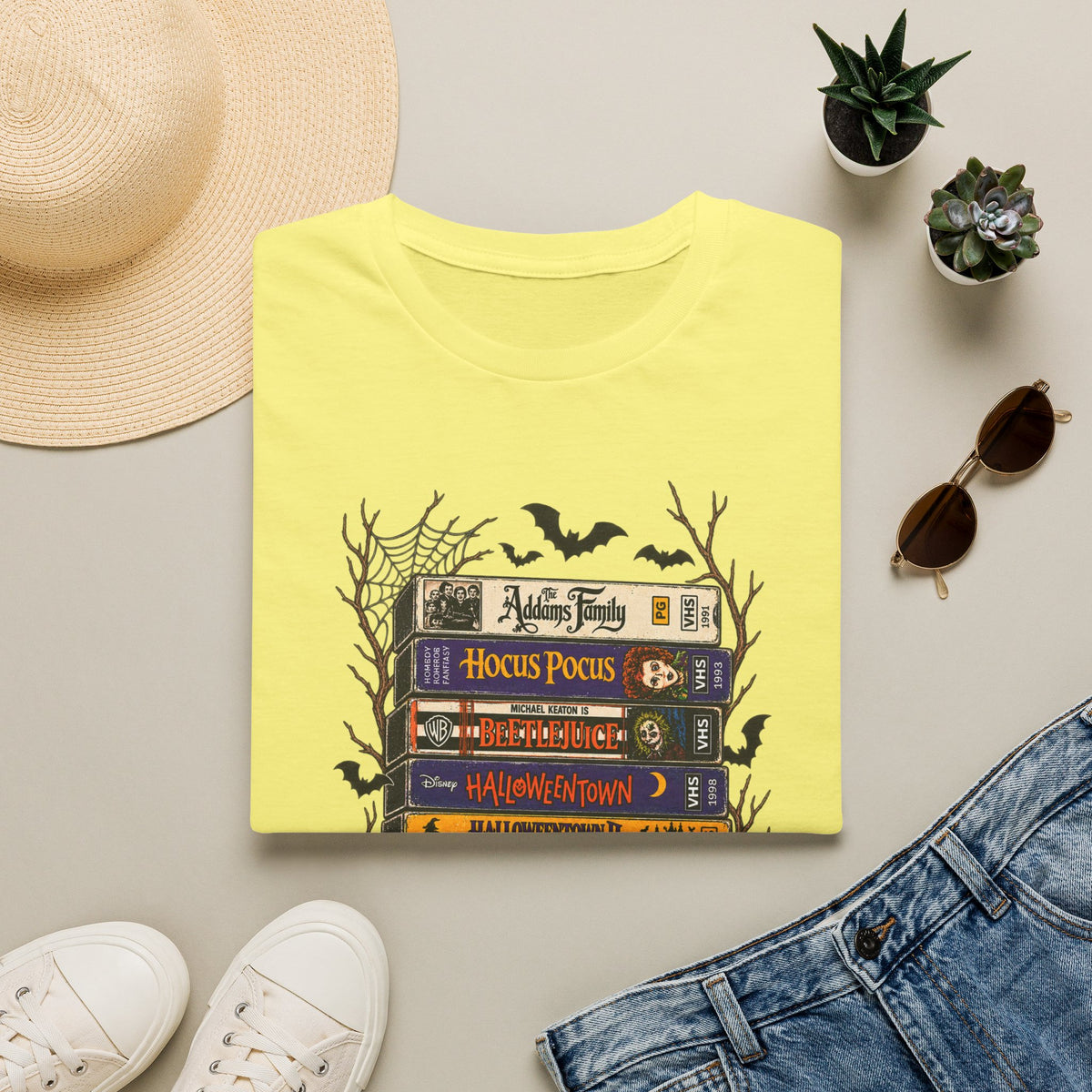 Halloween Movie Book Stack  Soft style T-Shirt — Hocus Pocus, Beetlejuice & Halloween Town Graphic Gildan Tee
