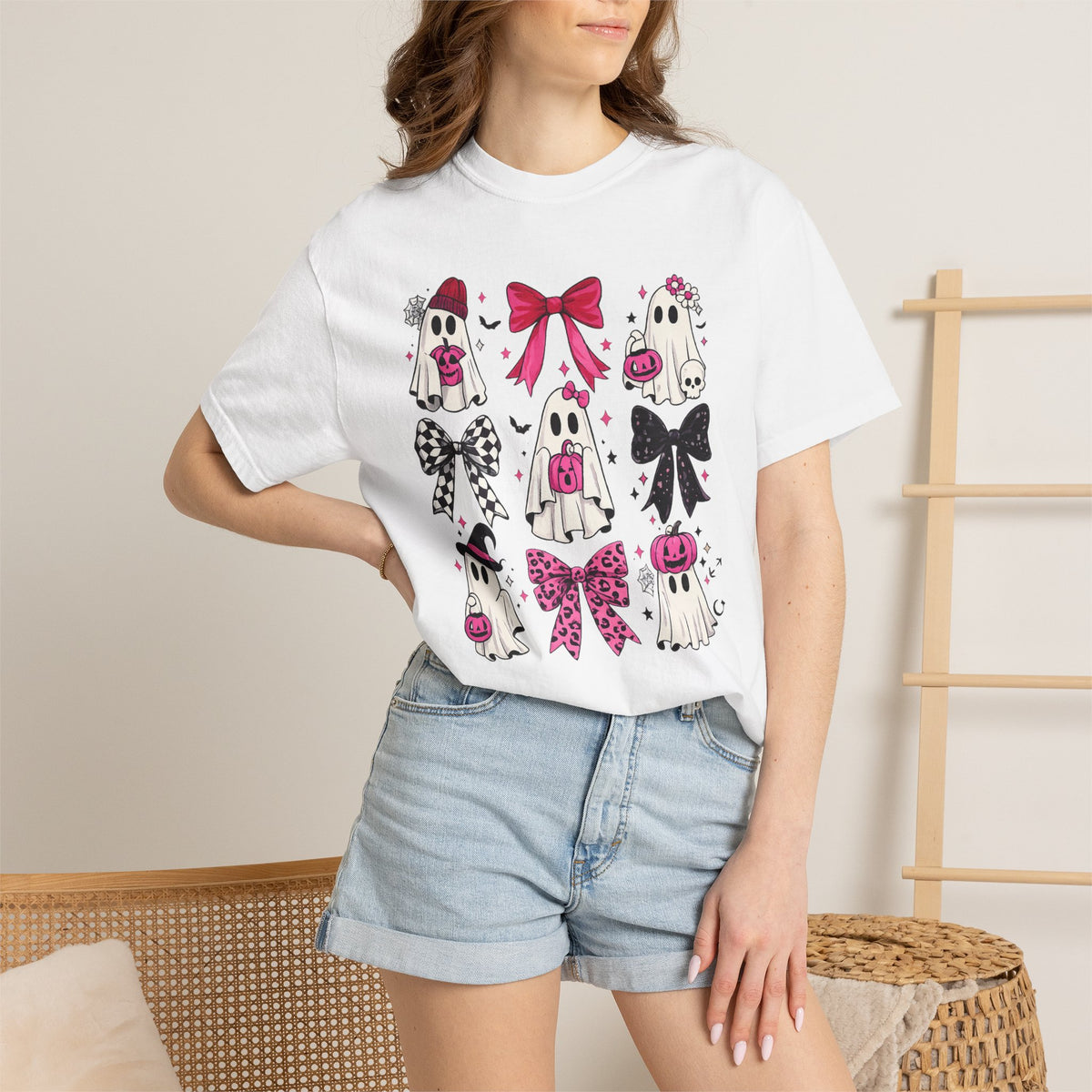 Halloween Ghosts & Bows T-Shirt — Cute Pink Trick-or-Treat Graphic Tee